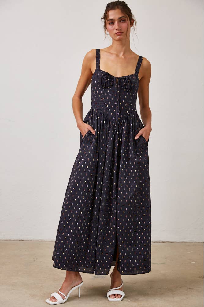 Wild Floral Poplin Wired Front Ribbon Maxi Dress