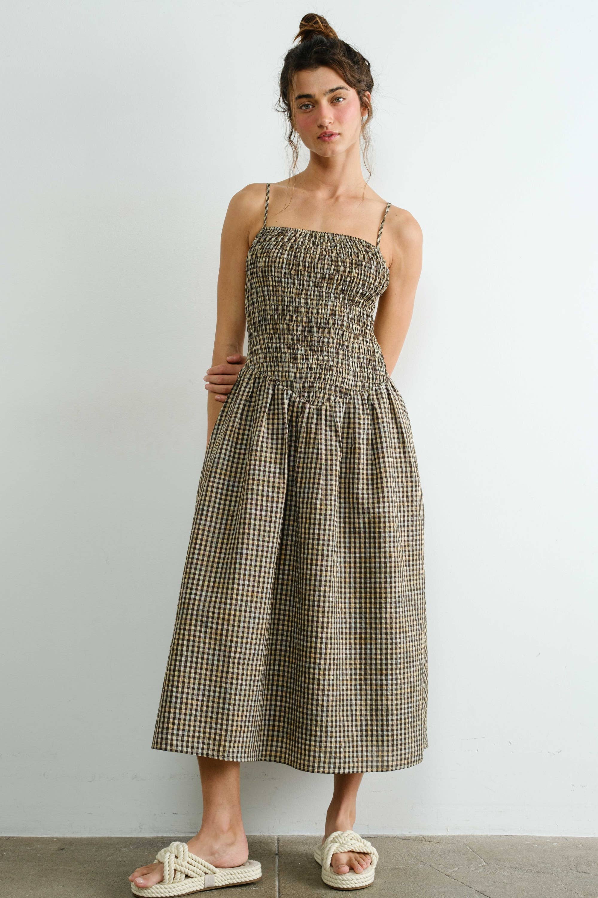 Gingham Smocked Multicolor Flare Midi Dress