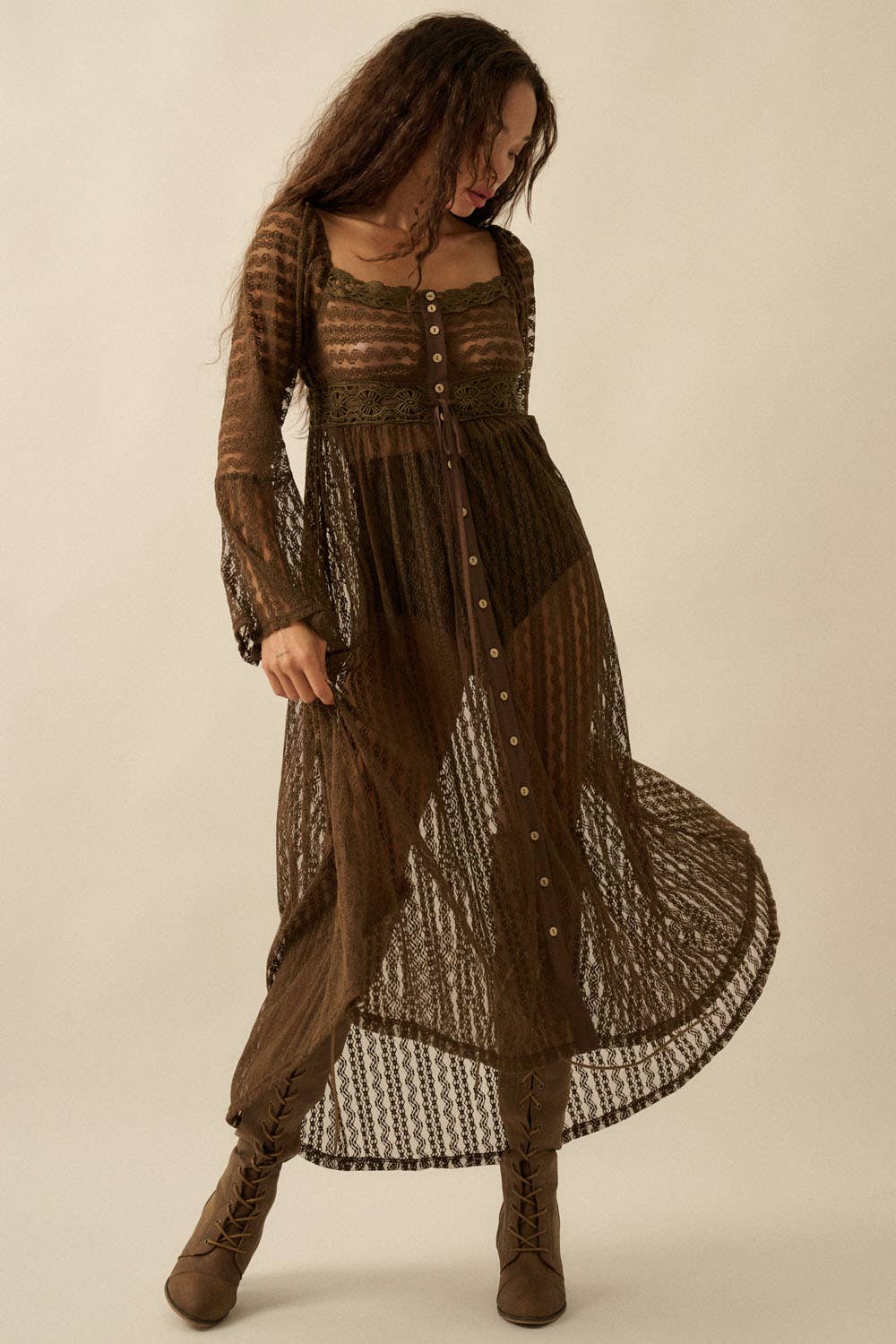Sheer Striped Lace Button- Up Layering Midi Dress