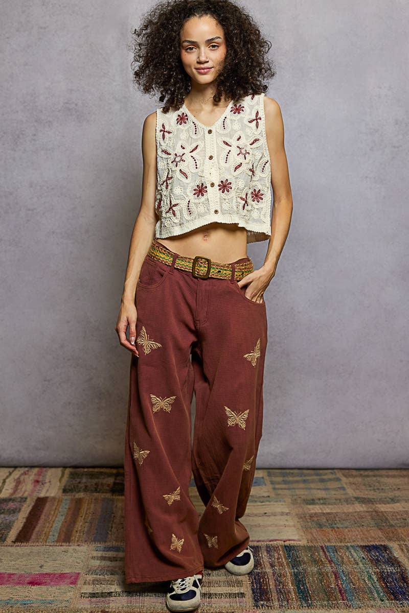 Double gauze butterflies' embroidery woven wide pants