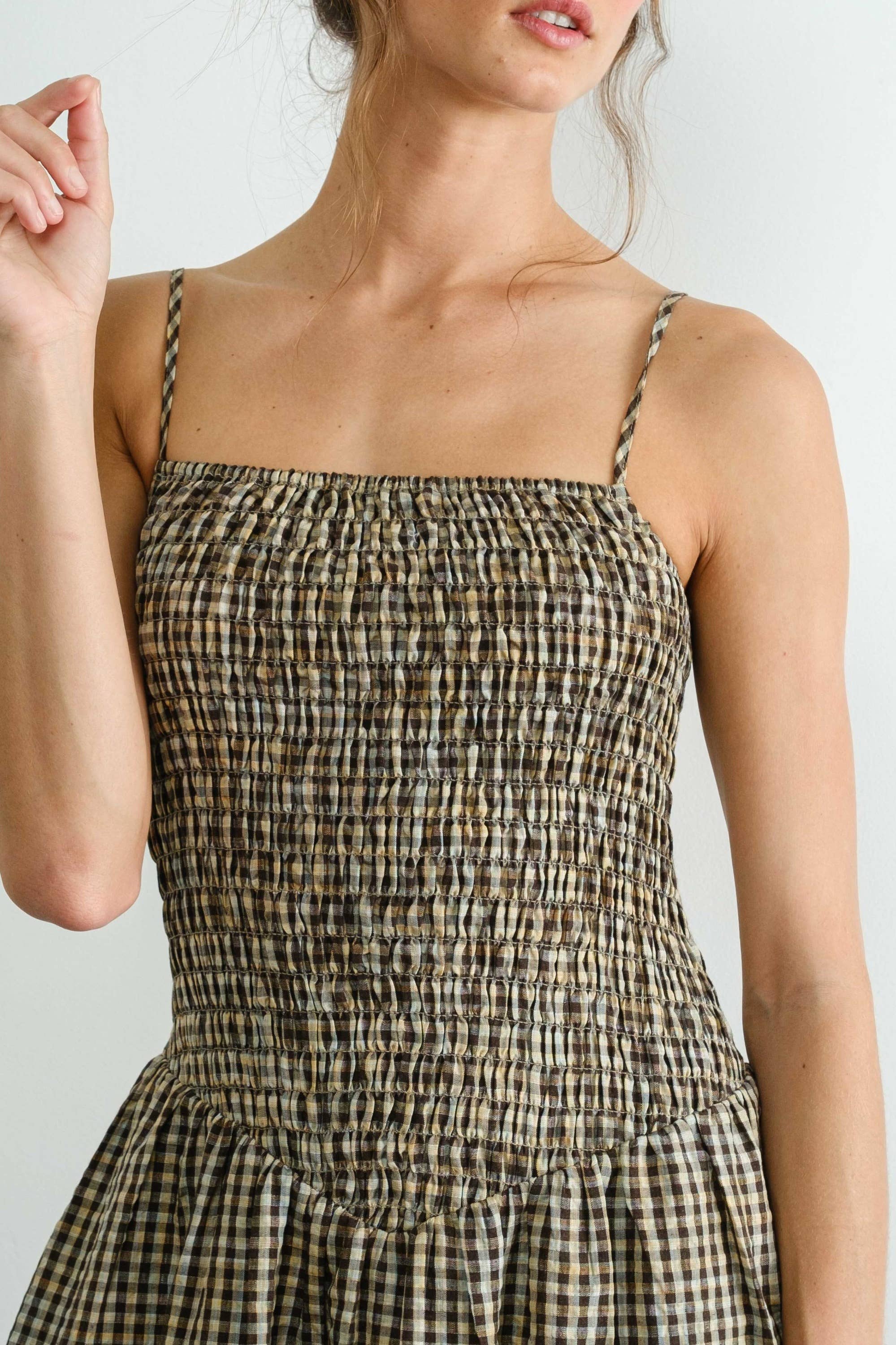 Gingham Smocked Multicolor Flare Midi Dress