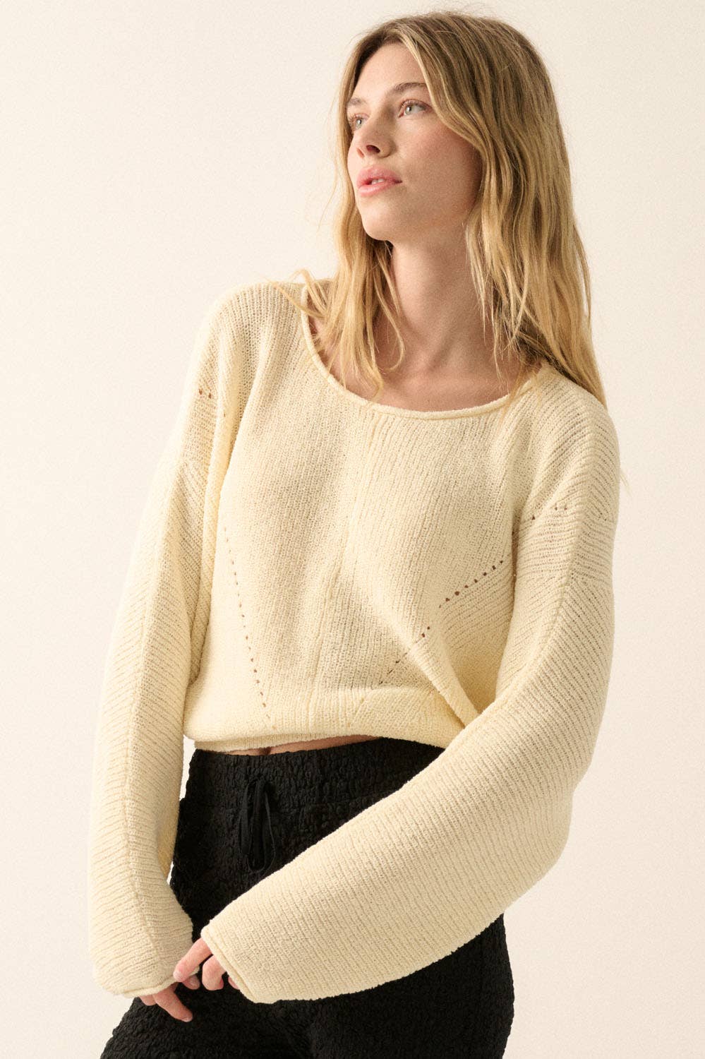 Solid Rib-Knit Dolman-Sleeve Sweater
