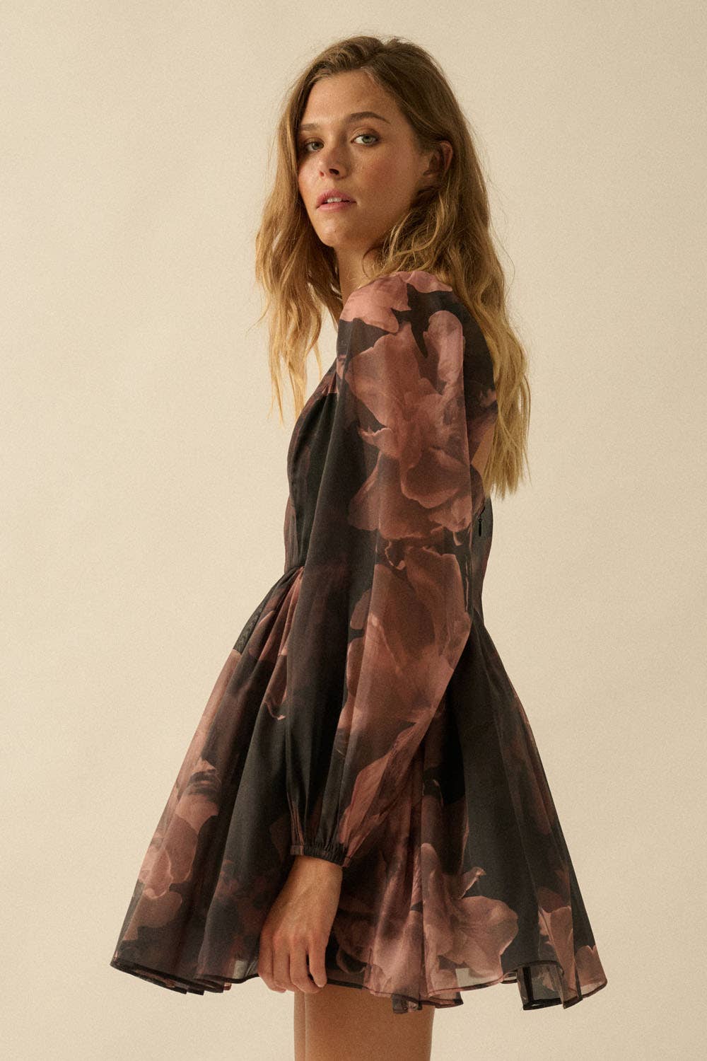 Floral Organza Bubble-Sleeve Babydoll Mini Dress