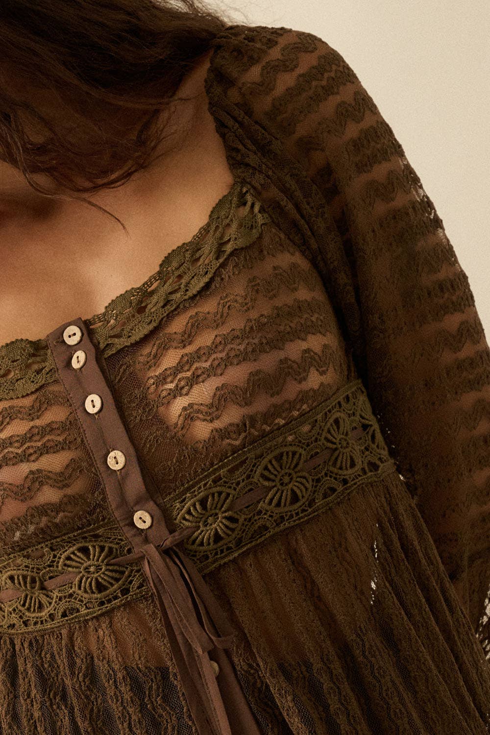 Sheer Striped Lace Button- Up Layering Midi Dress