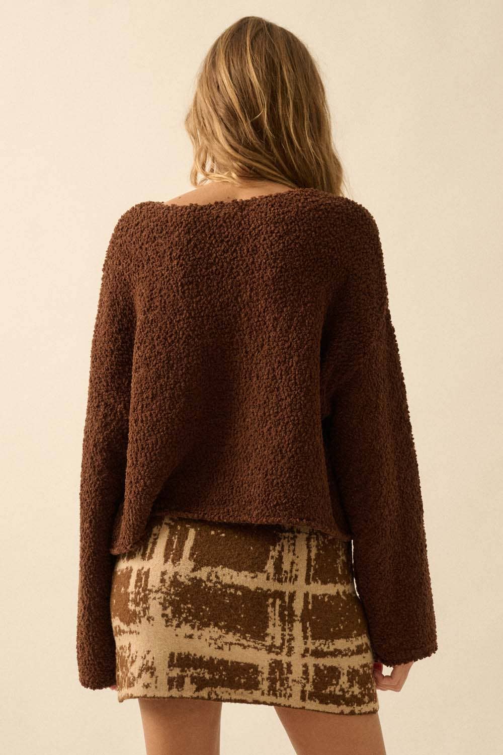Popcorn-Knit Wide-Sleeve Boatneck Sweater