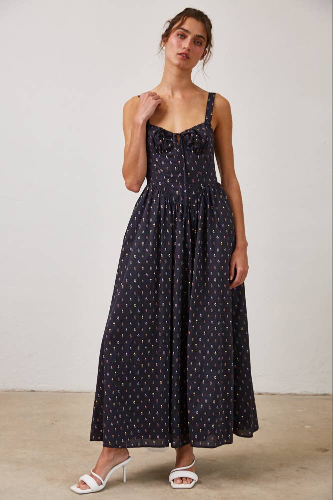 Wild Floral Poplin Wired Front Ribbon Maxi Dress