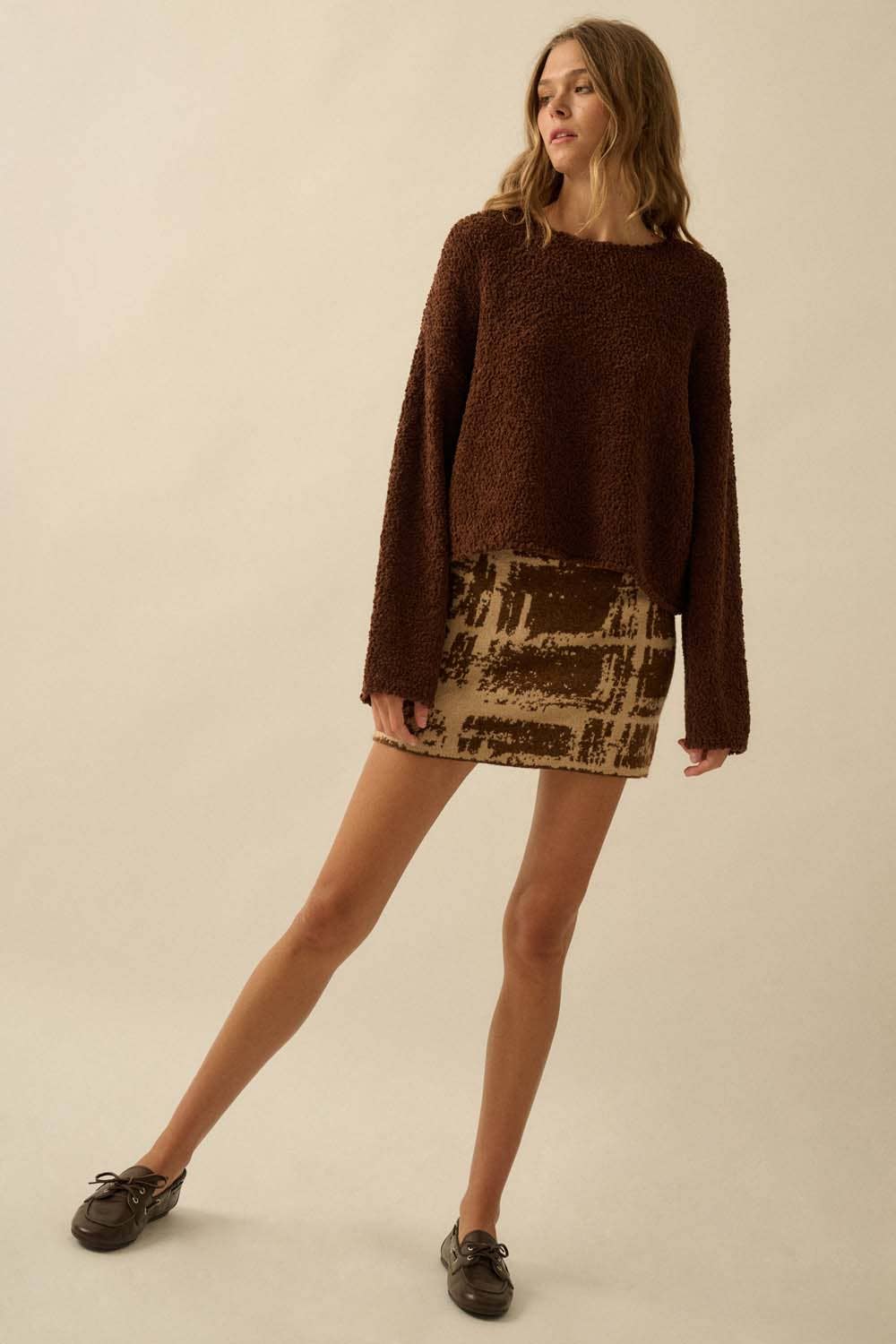 Popcorn-Knit Wide-Sleeve Boatneck Sweater