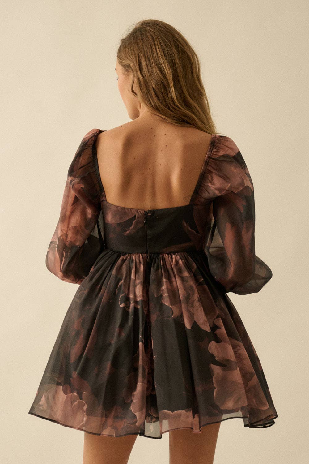Floral Organza Bubble-Sleeve Babydoll Mini Dress