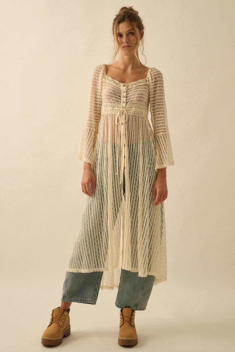 Sheer Striped Lace Button- Up Layering Midi Dress