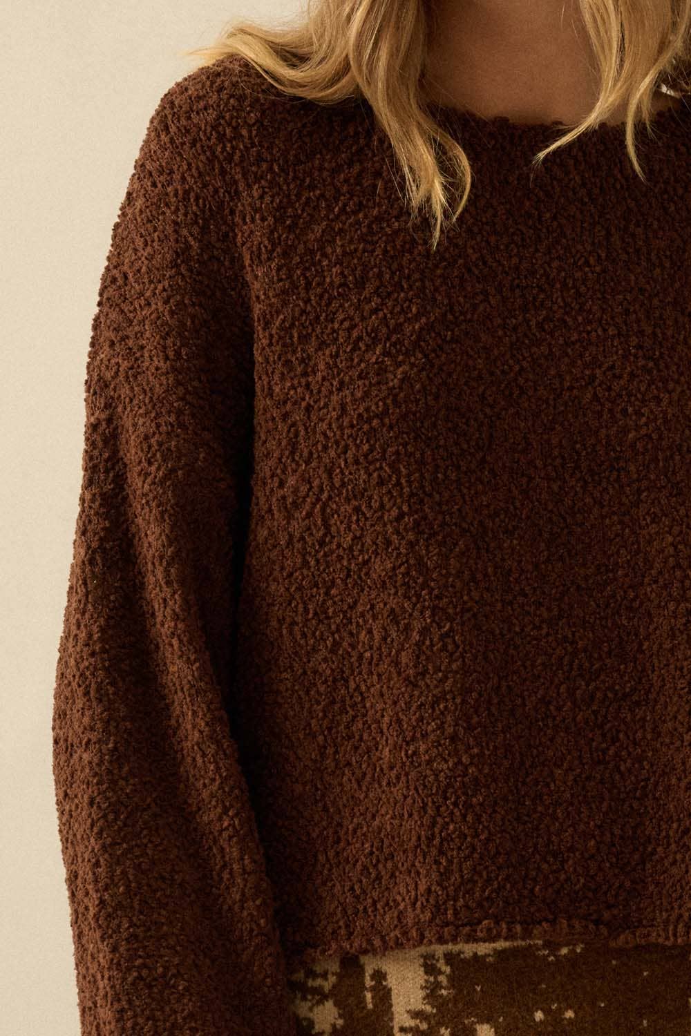 Popcorn-Knit Wide-Sleeve Boatneck Sweater