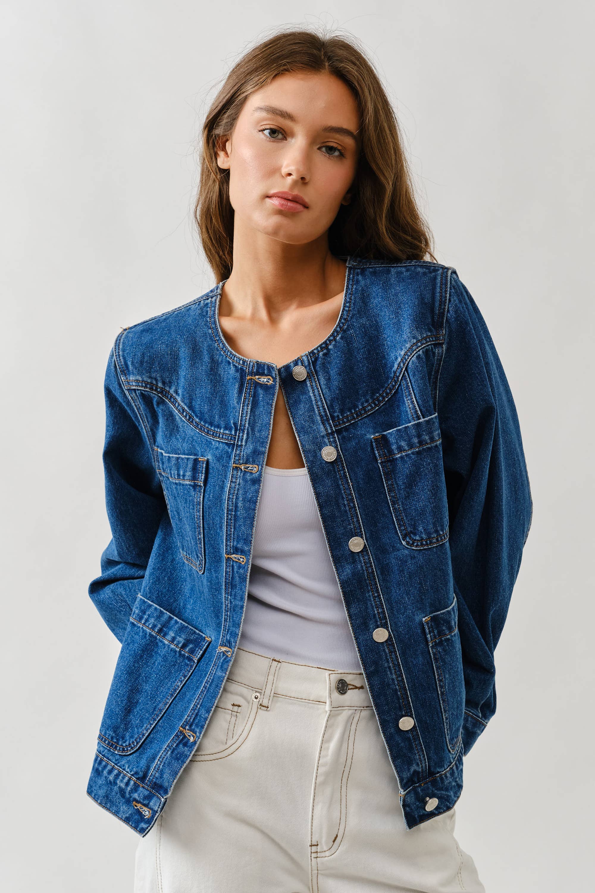 CREW NECK RELAXED DENIM JACKET