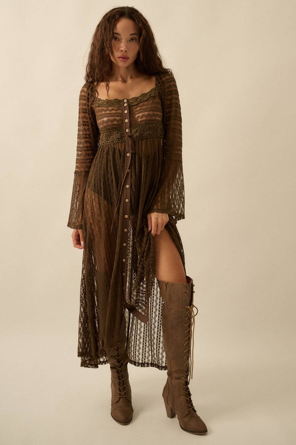 Sheer Striped Lace Button- Up Layering Midi Dress