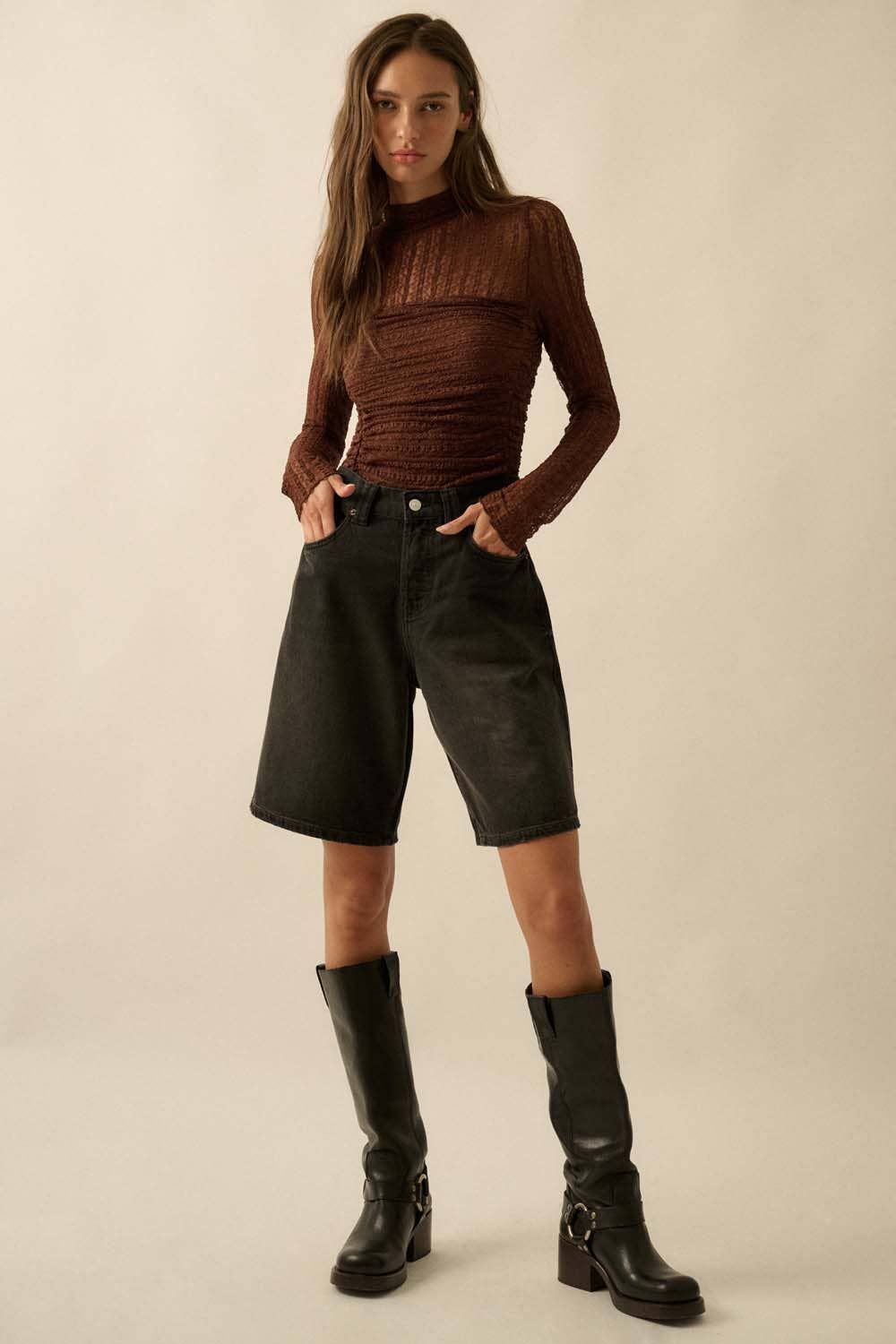 Striped Floral Lace Ruched Mock-Neck Bodysuit