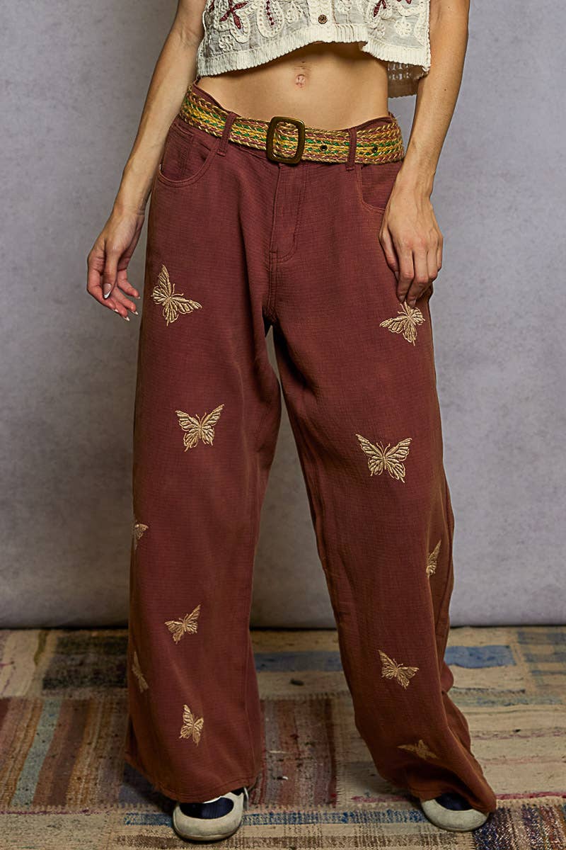 Double gauze butterflies' embroidery woven wide pants