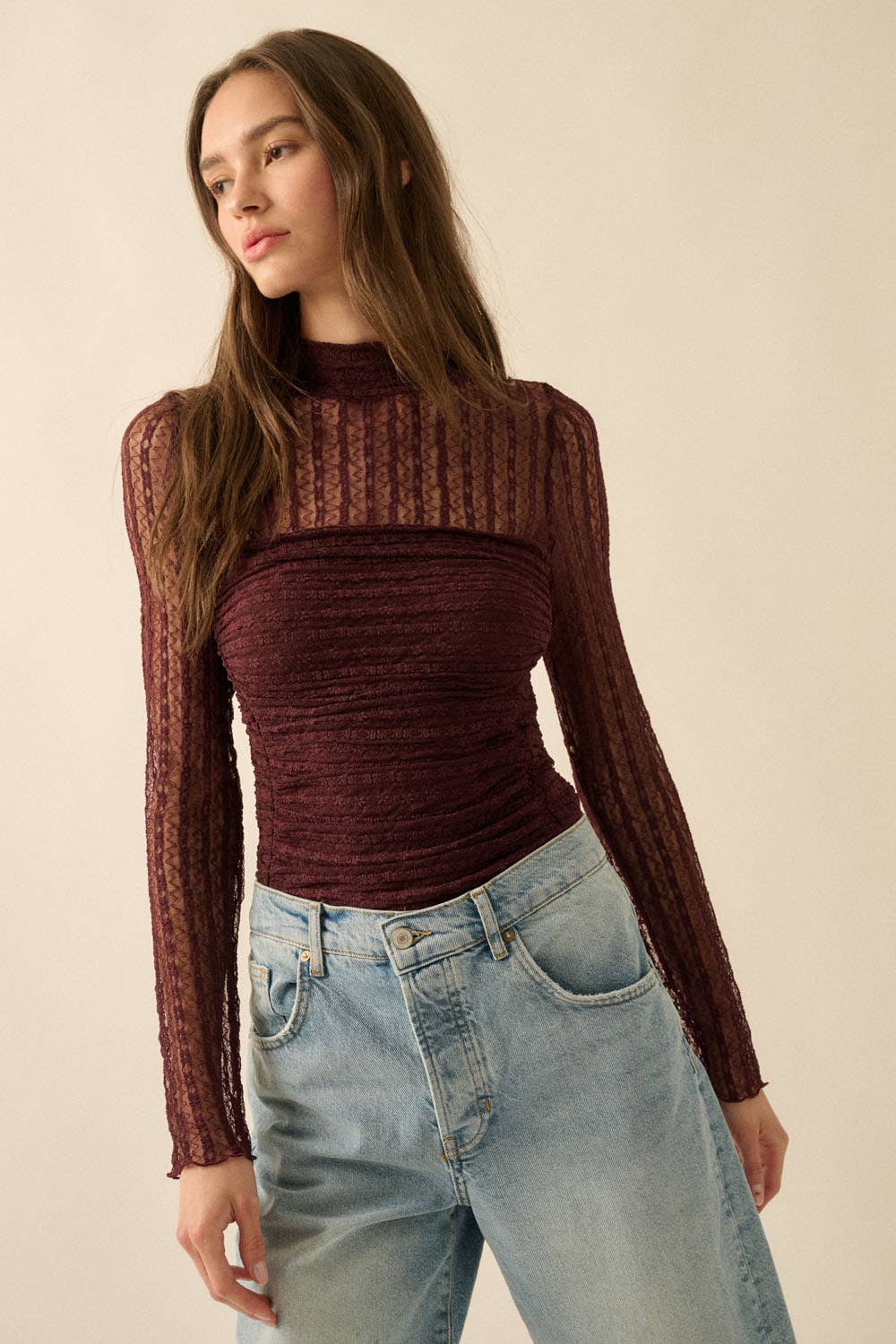 Striped Floral Lace Ruched Mock-Neck Bodysuit