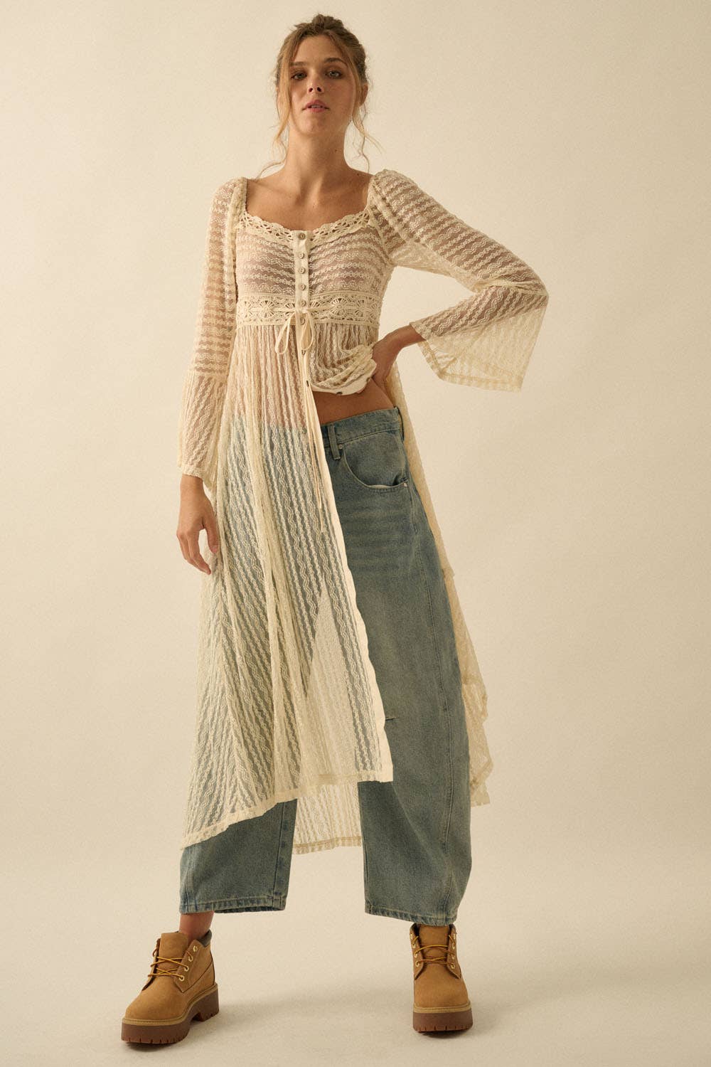 Sheer Striped Lace Button- Up Layering Midi Dress