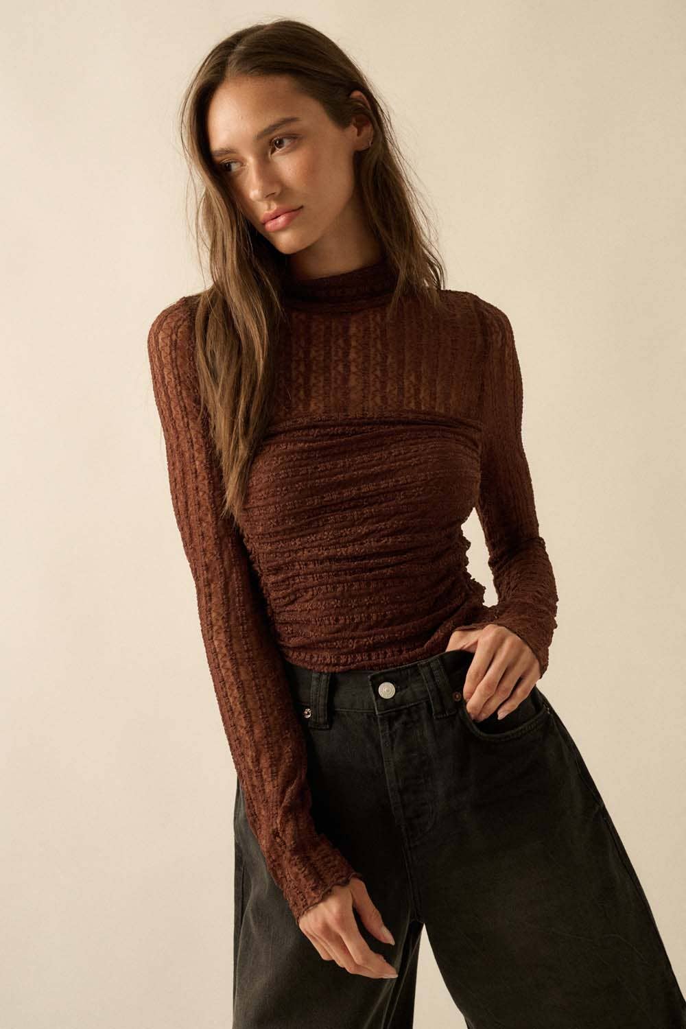 Striped Floral Lace Ruched Mock-Neck Bodysuit