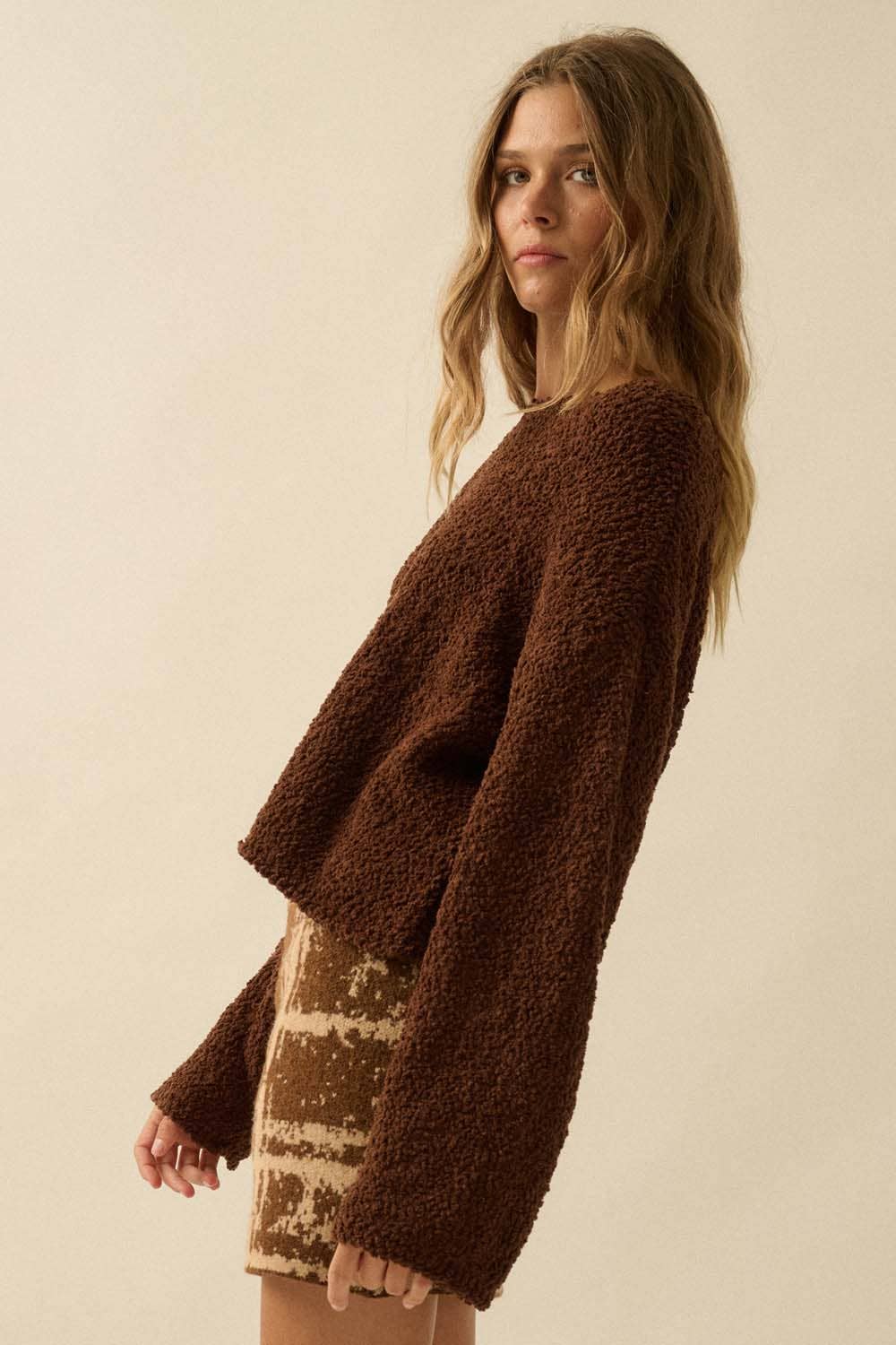 Popcorn-Knit Wide-Sleeve Boatneck Sweater