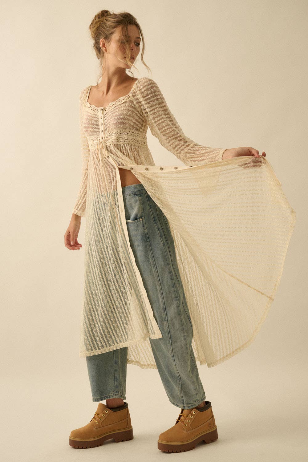 Sheer Striped Lace Button- Up Layering Midi Dress