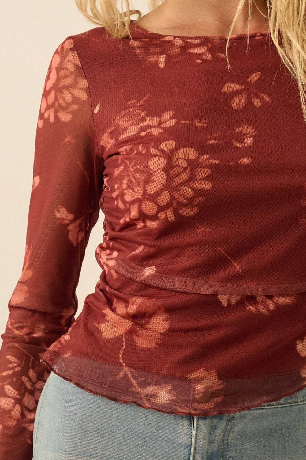 Floral-Print Mesh Ruched Asymmetrical Top