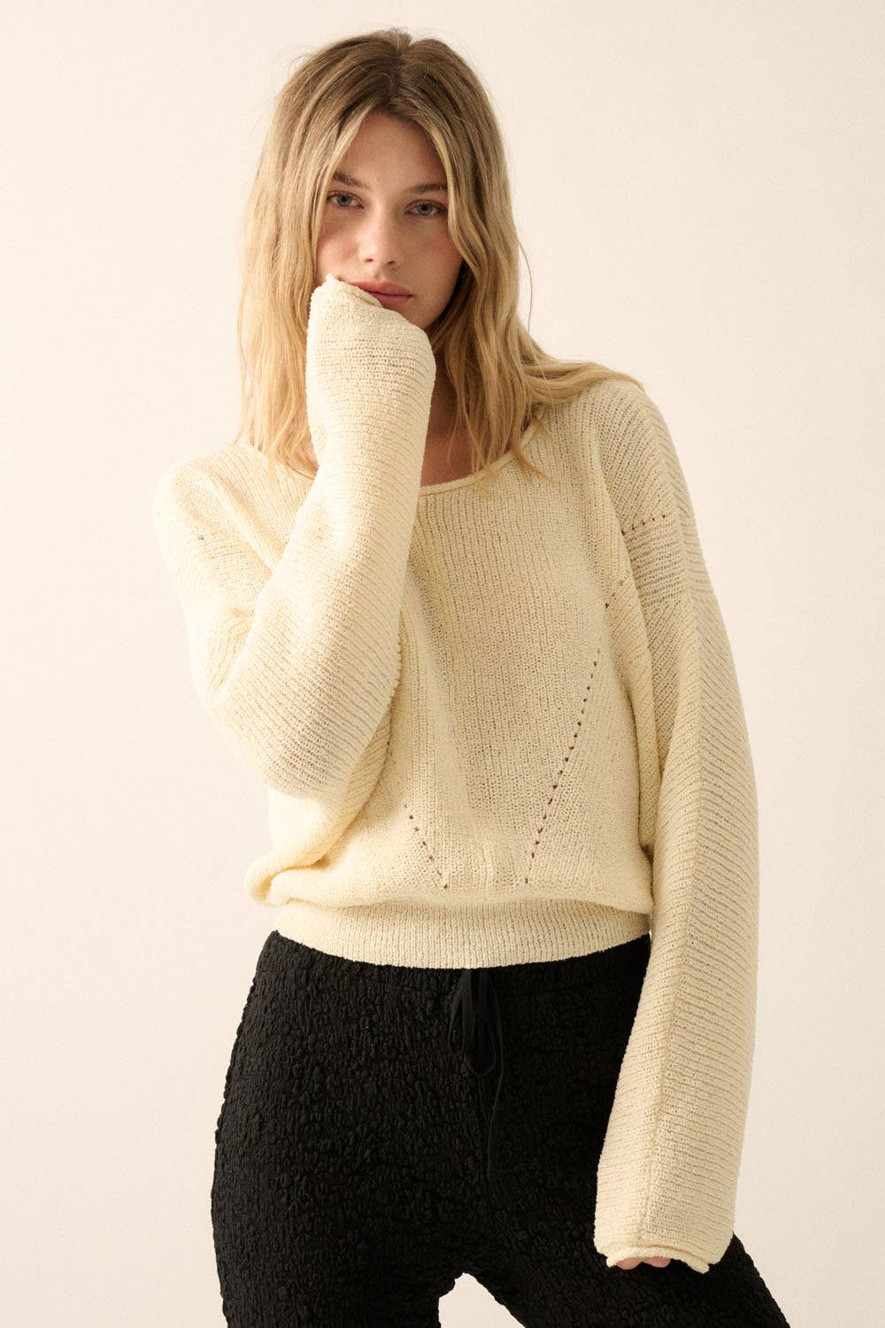 Solid Rib-Knit Dolman-Sleeve Sweater