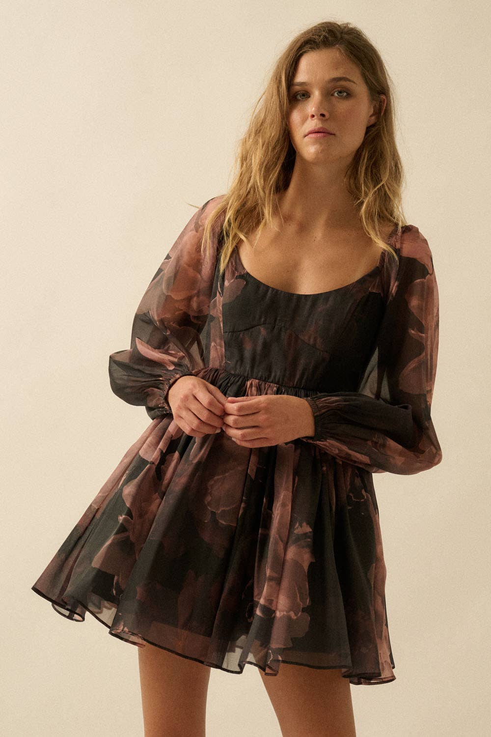 Floral Organza Bubble-Sleeve Babydoll Mini Dress