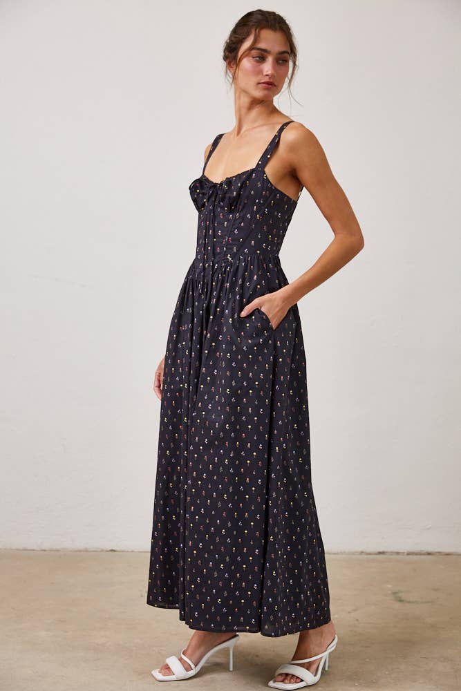 Wild Floral Poplin Wired Front Ribbon Maxi Dress