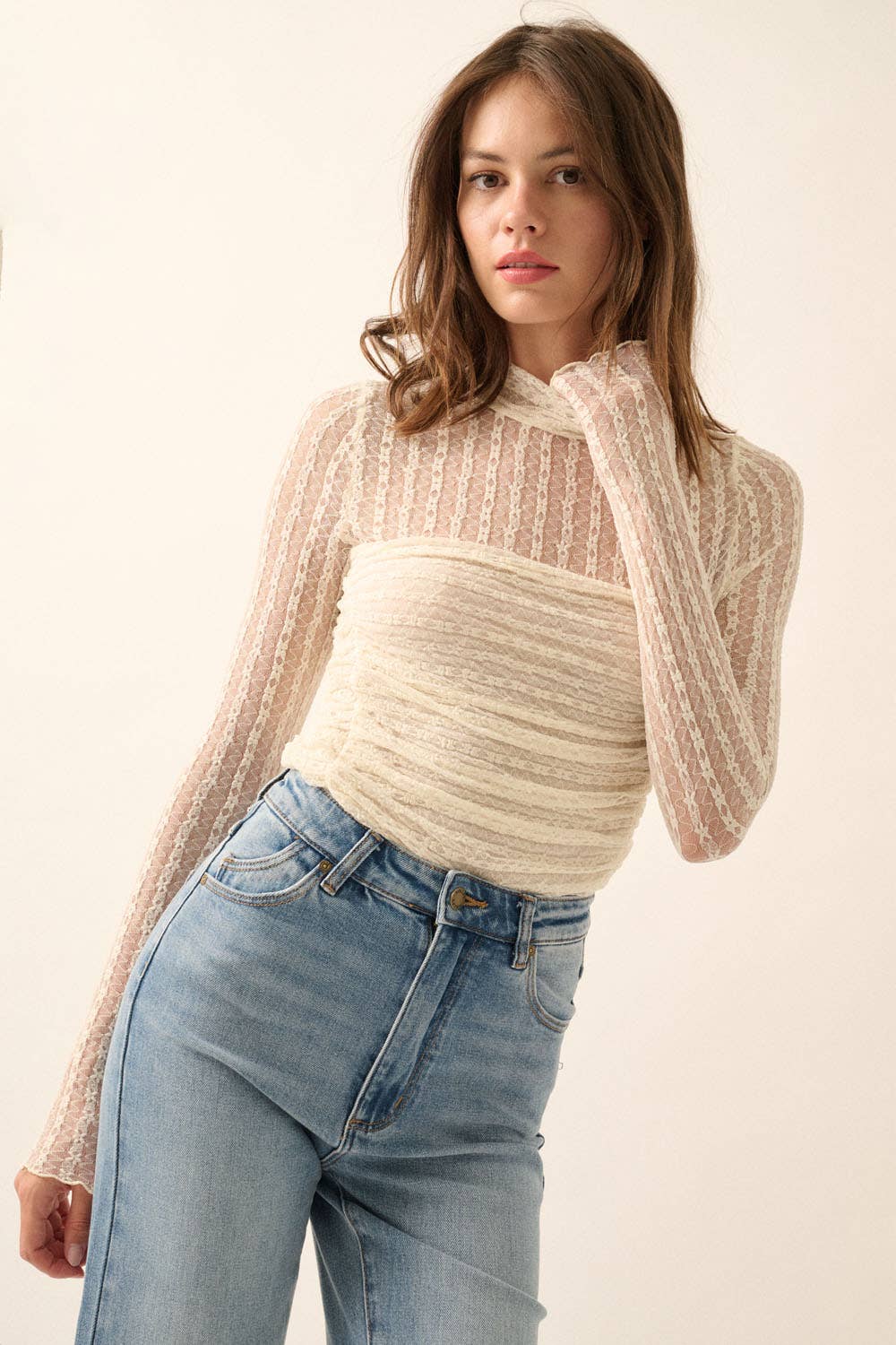 Striped Floral Lace Ruched Mock-Neck Bodysuit