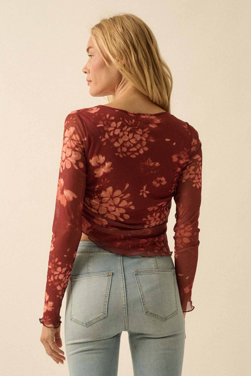 Floral-Print Mesh Ruched Asymmetrical Top