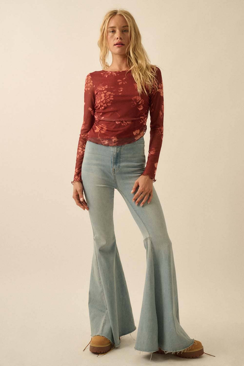 Floral-Print Mesh Ruched Asymmetrical Top