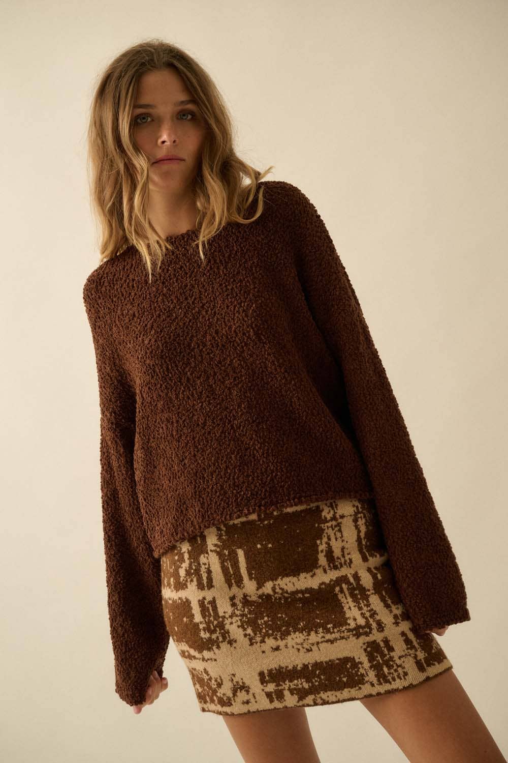 Popcorn-Knit Wide-Sleeve Boatneck Sweater