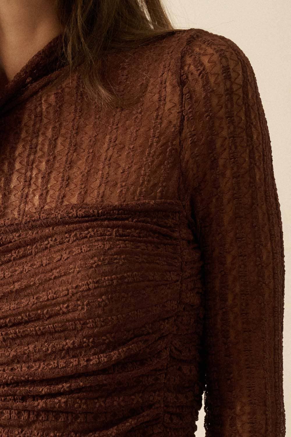 Striped Floral Lace Ruched Mock-Neck Bodysuit