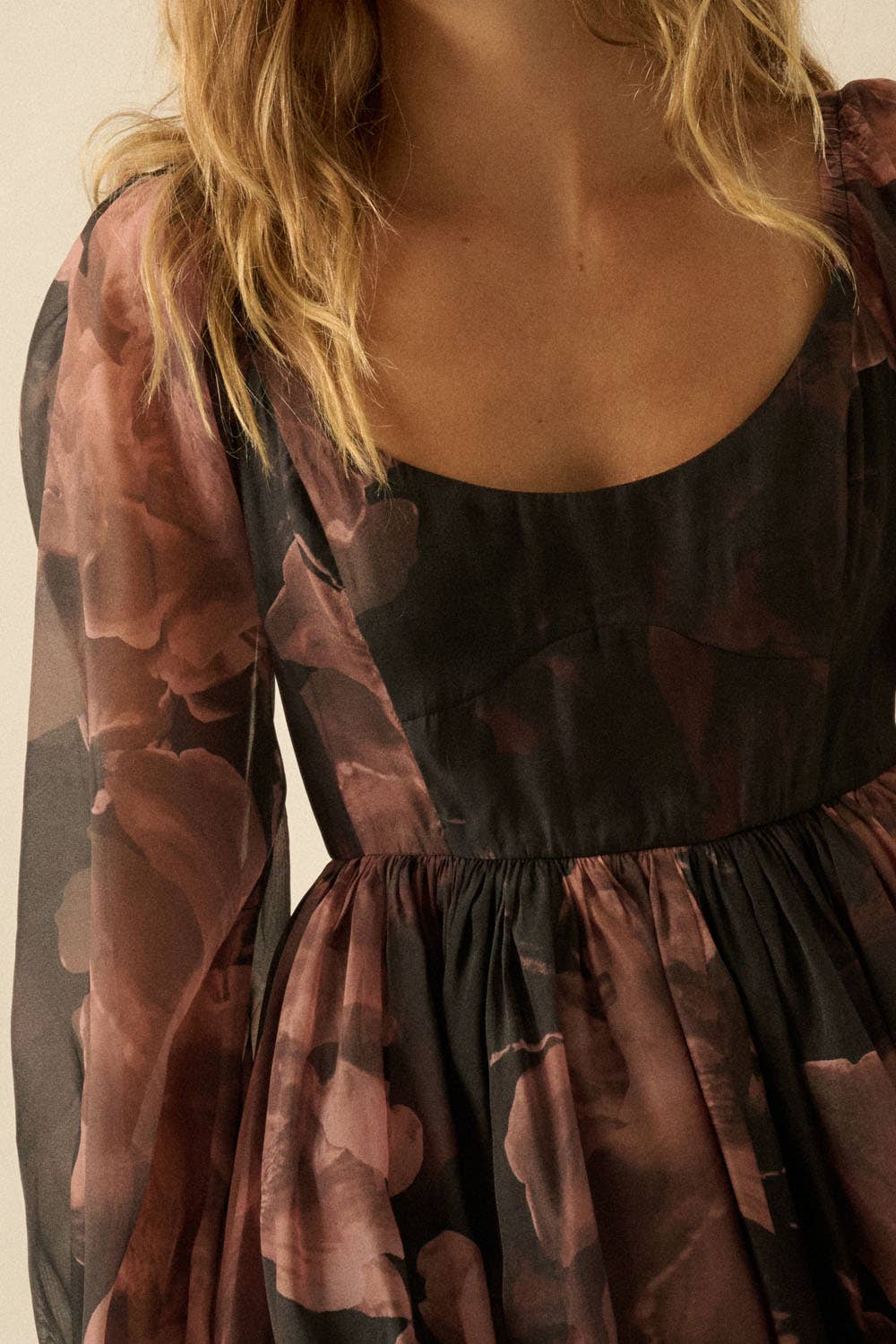 Floral Organza Bubble-Sleeve Babydoll Mini Dress