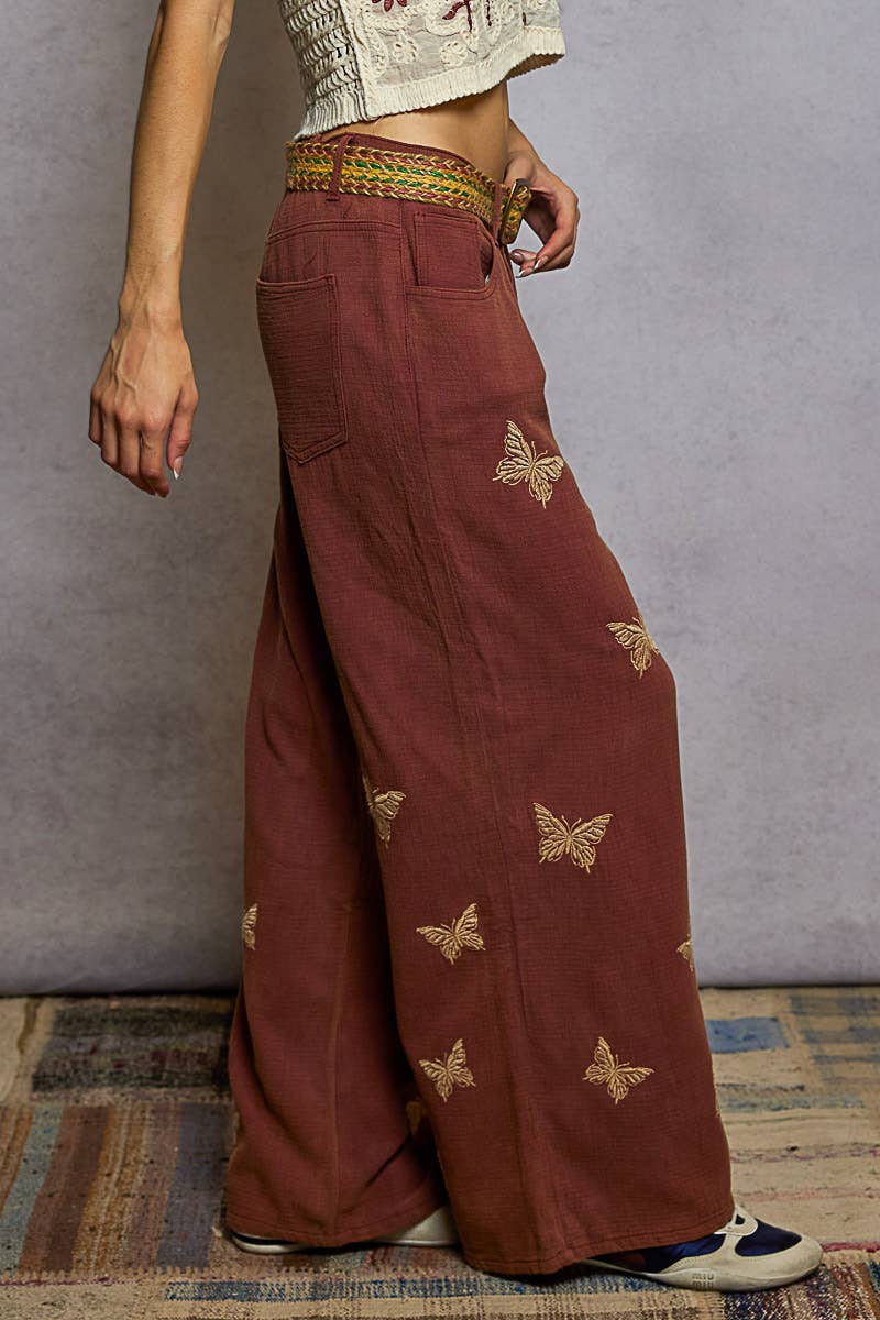 Double gauze butterflies' embroidery woven wide pants
