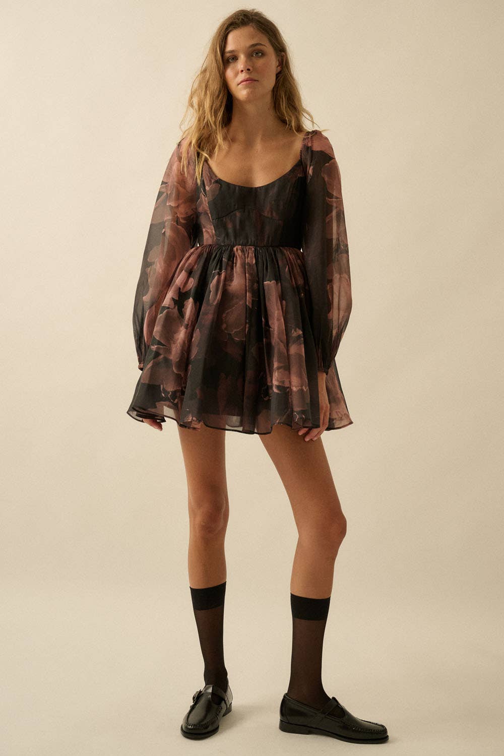 Floral Organza Bubble-Sleeve Babydoll Mini Dress