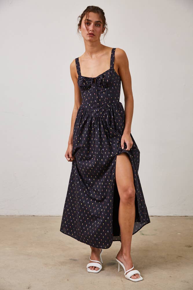 Wild Floral Poplin Wired Front Ribbon Maxi Dress