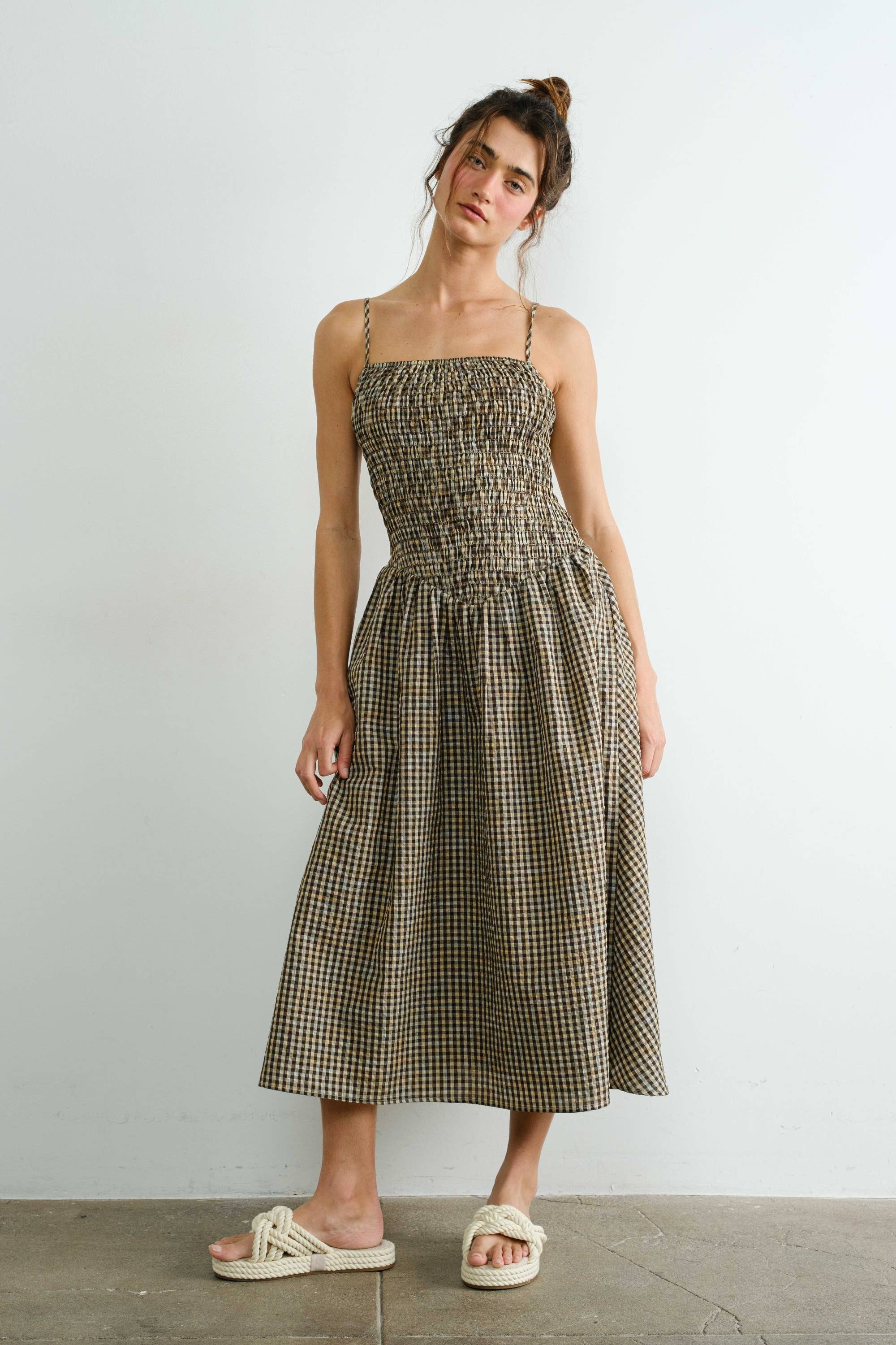 Gingham Smocked Multicolor Flare Midi Dress