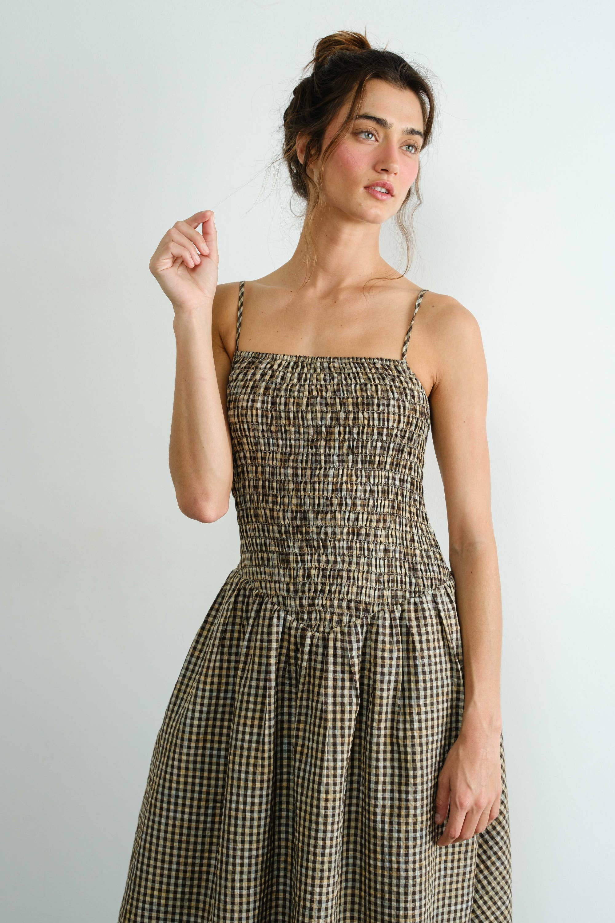 Gingham Smocked Multicolor Flare Midi Dress