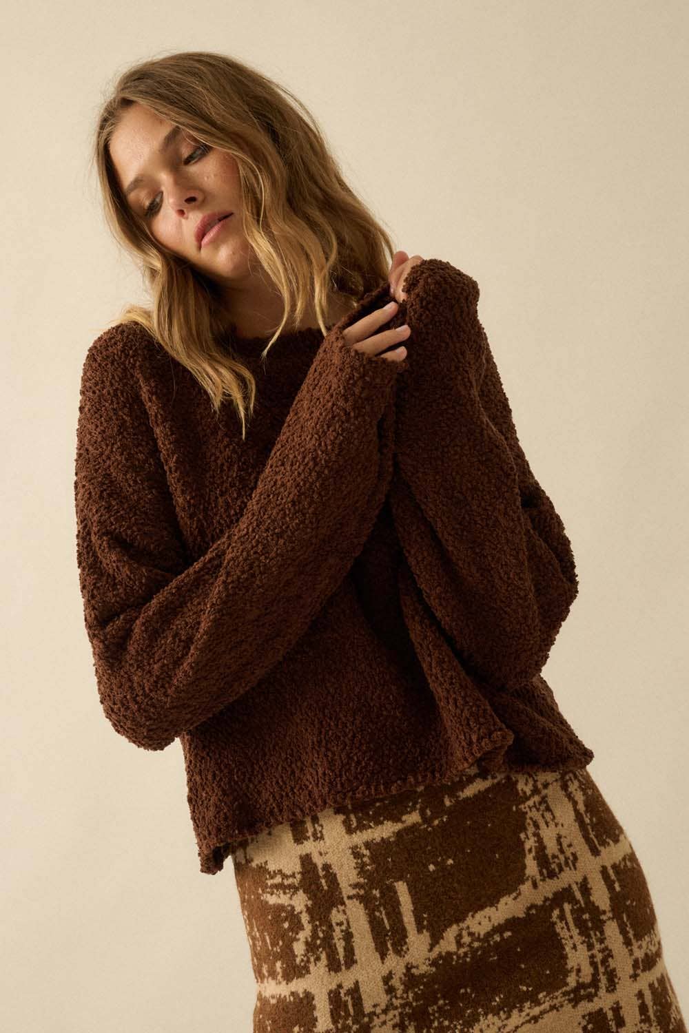 Popcorn-Knit Wide-Sleeve Boatneck Sweater