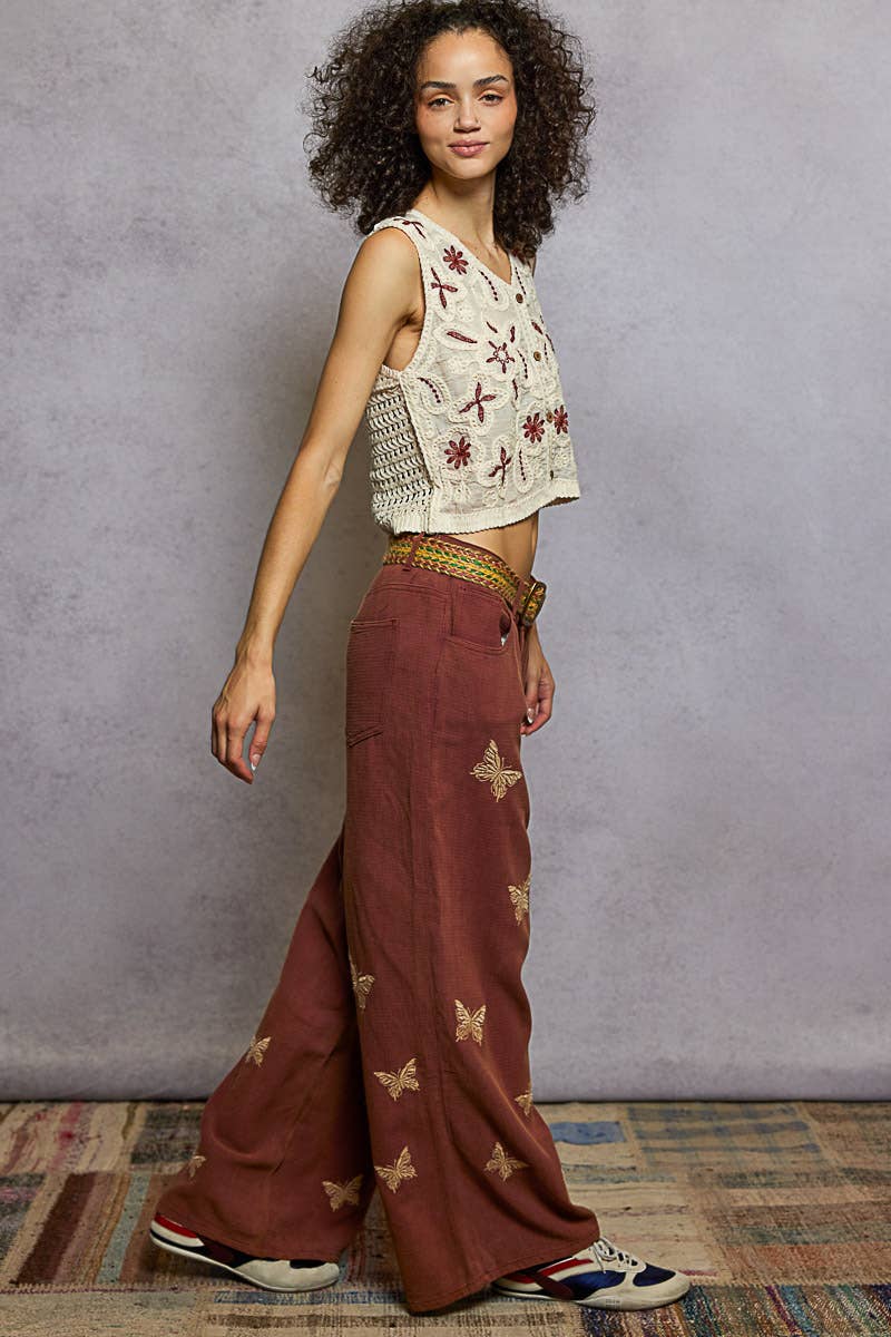 Double gauze butterflies' embroidery woven wide pants