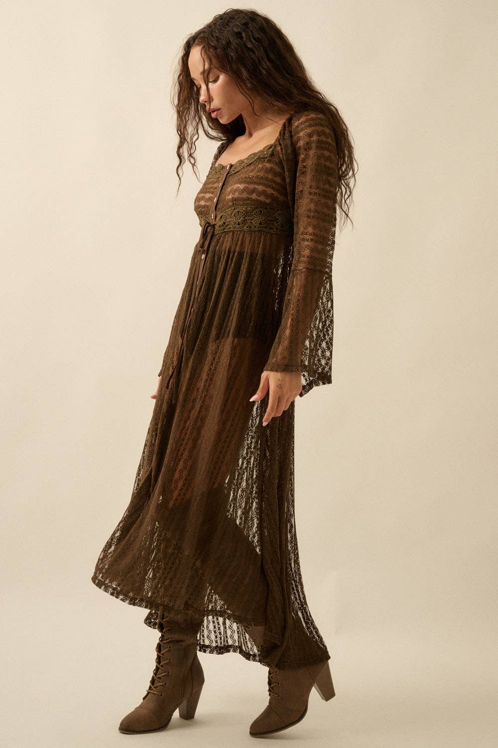 Sheer Striped Lace Button- Up Layering Midi Dress