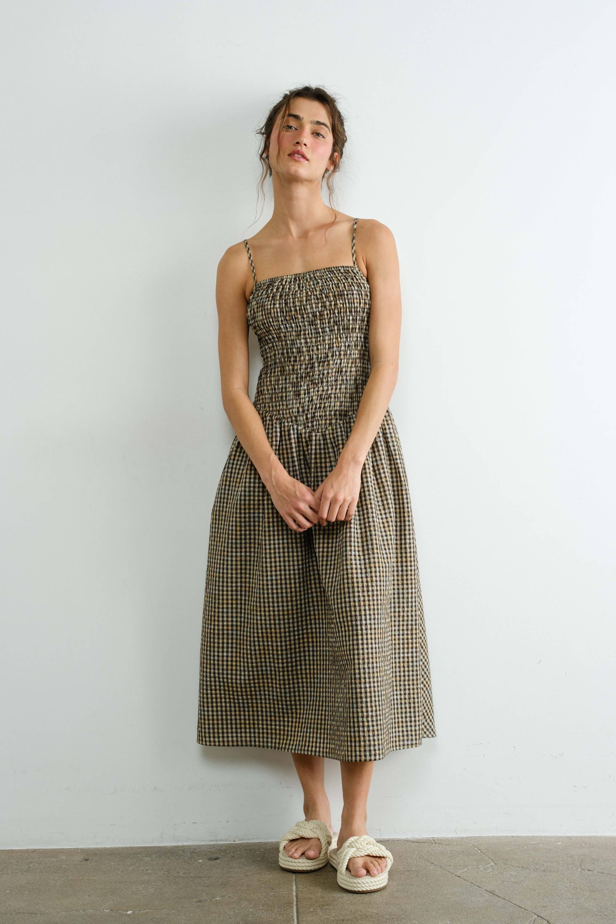 Gingham Smocked Multicolor Flare Midi Dress