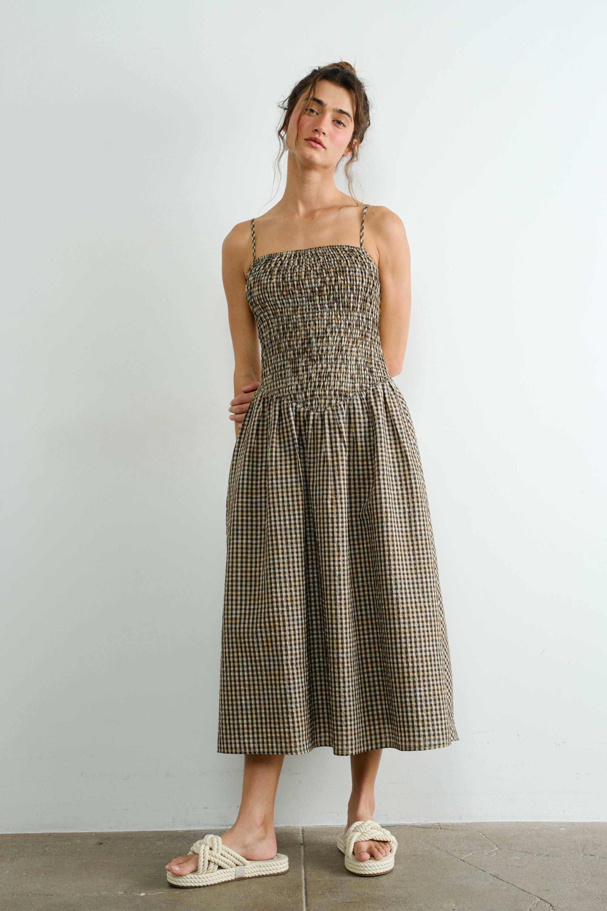 Gingham Smocked Multicolor Flare Midi Dress