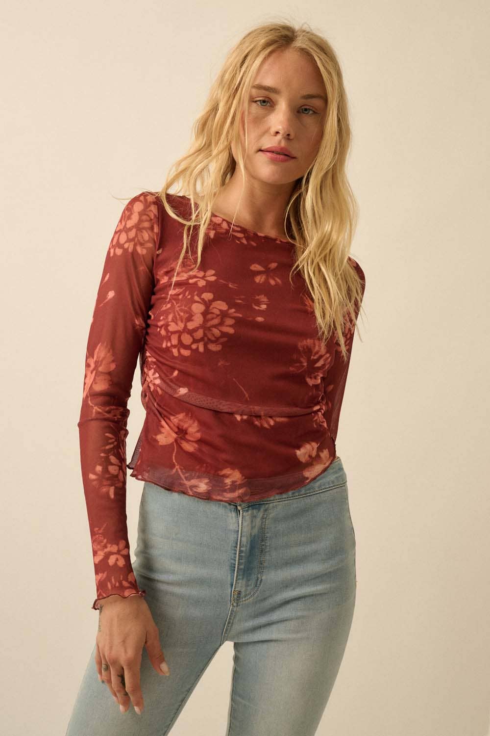 Floral-Print Mesh Ruched Asymmetrical Top