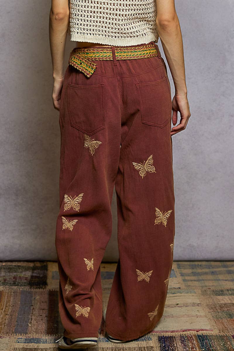 Double gauze butterflies' embroidery woven wide pants