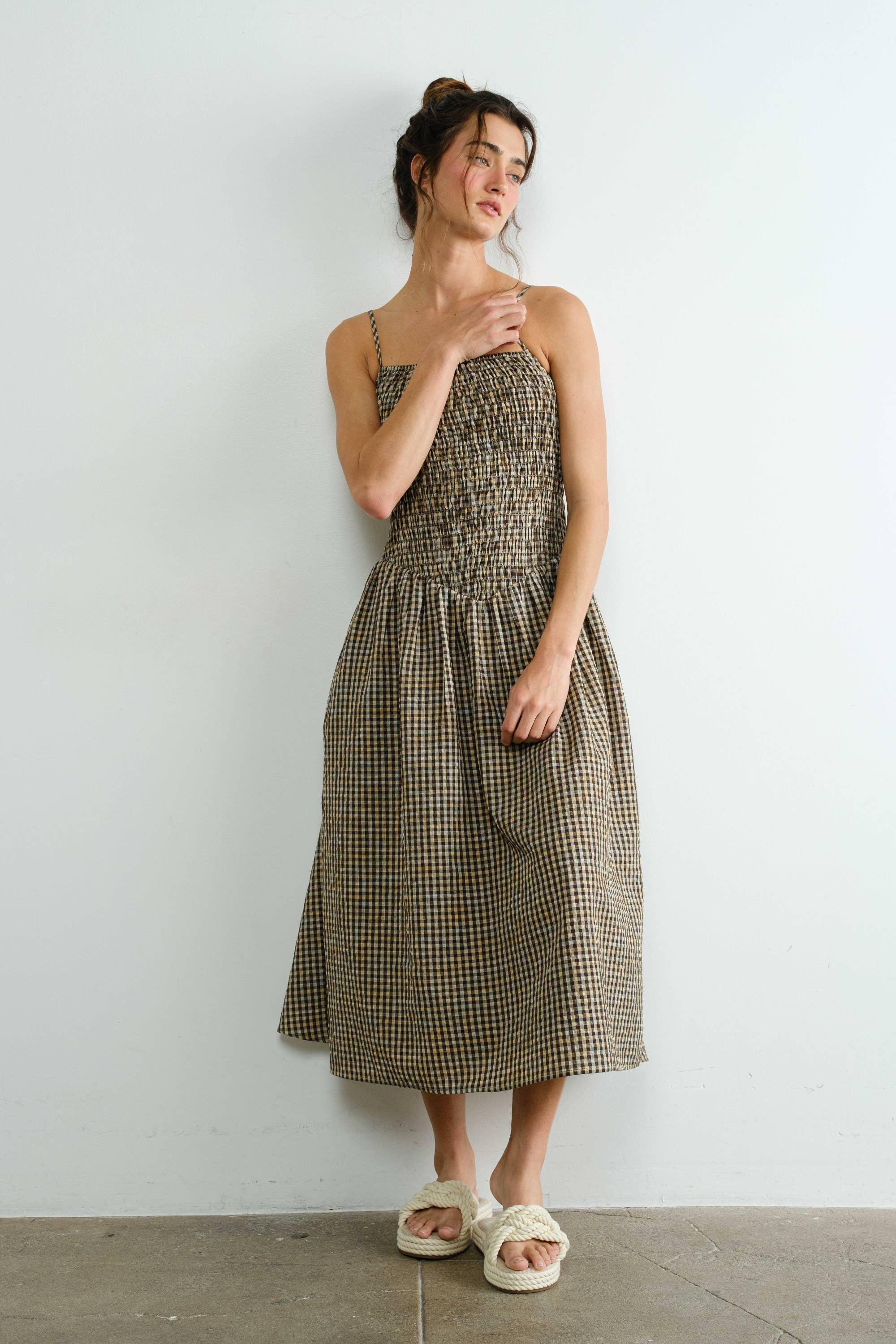 Gingham Smocked Multicolor Flare Midi Dress