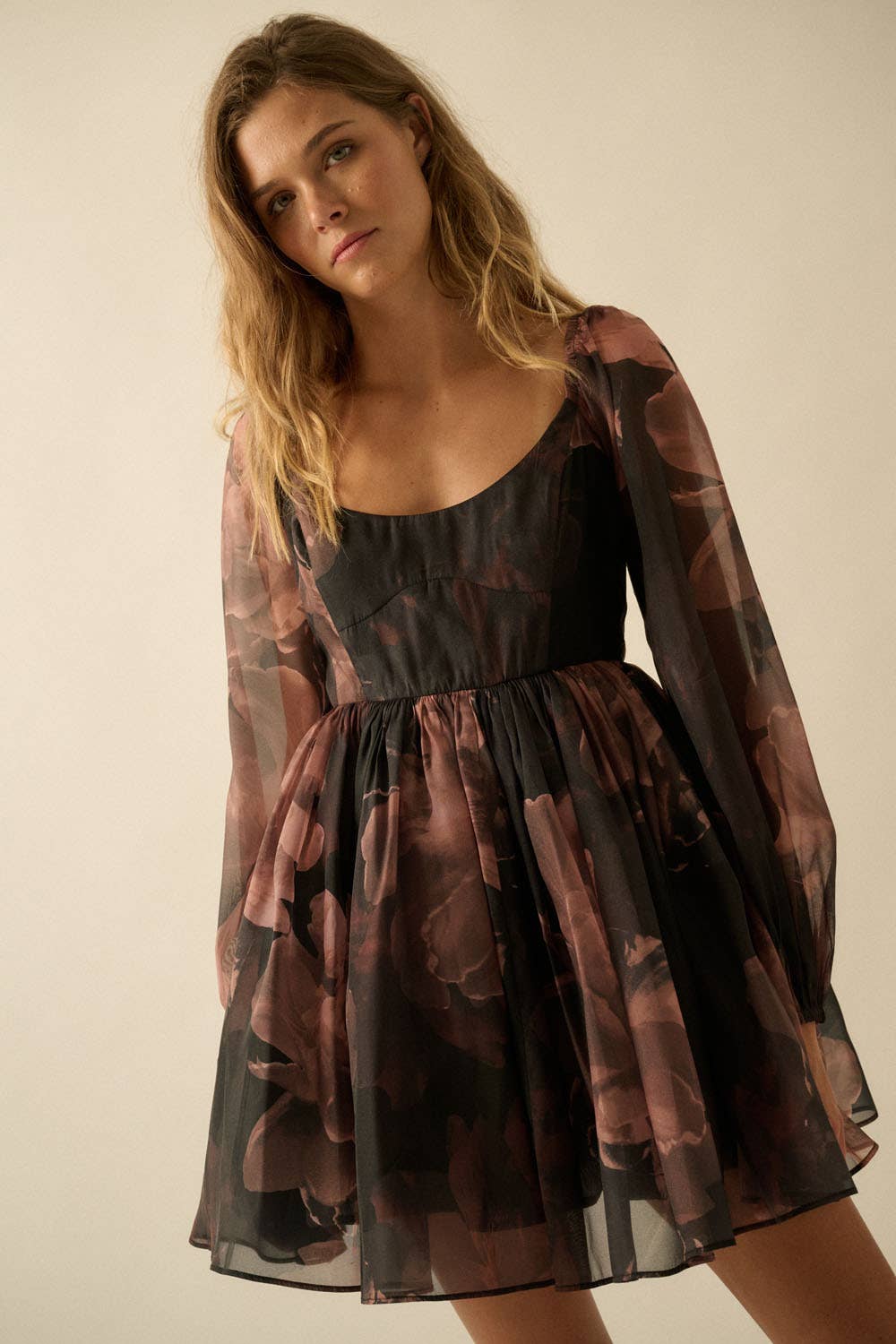 Floral Organza Bubble-Sleeve Babydoll Mini Dress