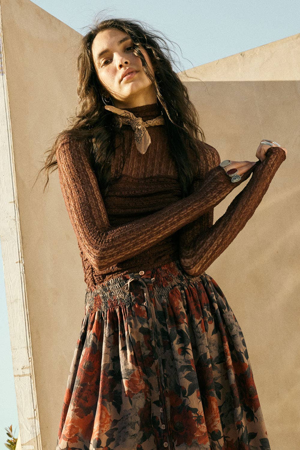 Striped Floral Lace Ruched Mock-Neck Bodysuit