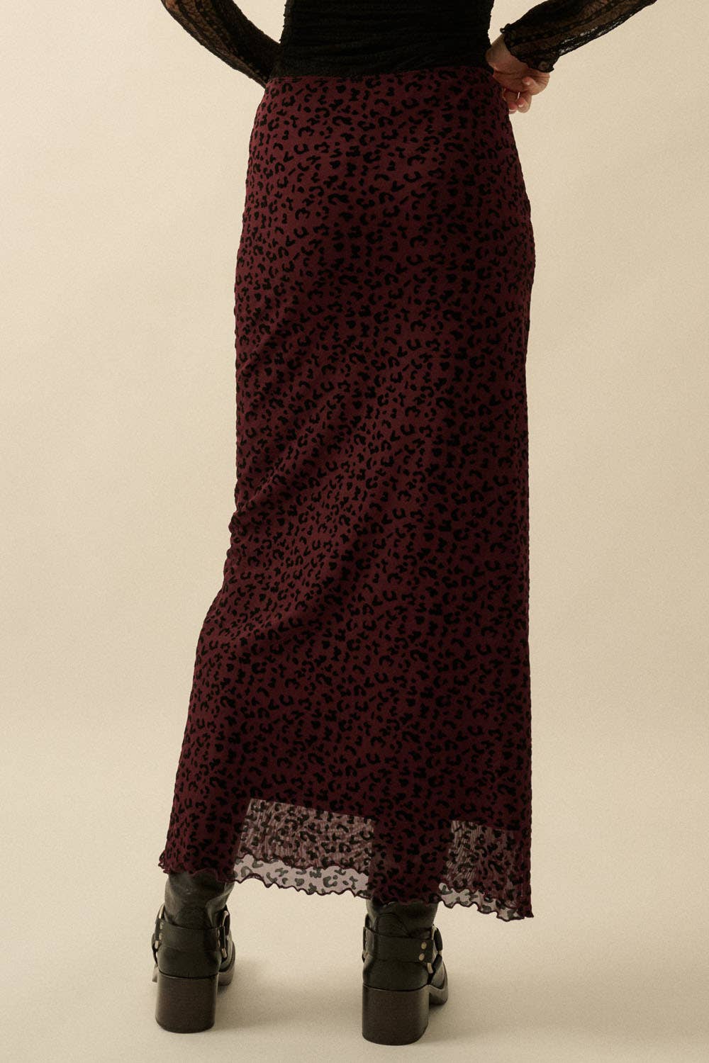 Flocked Leopard Mesh Straight Maxi Skirt