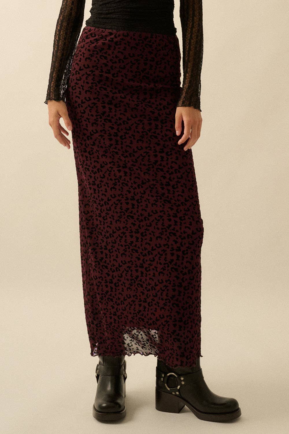 Flocked Leopard Mesh Straight Maxi Skirt